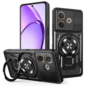 Husa pentru  Oppo A5 Pro 5G TitanX HaloStand Pro cu Inel Pivotant Magnetic 360° & Kickstand, Textura Carbon, protectie lentile - Negru