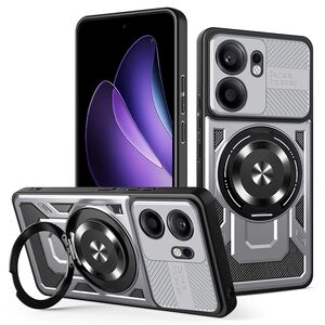 Husa pentru  Oppo Reno 13F, 13FS 4G, 5G TitanX HaloStand Pro cu Inel Pivotant Magnetic 360° & Kickstand, Textura Carbon, protectie lentile - Gri
