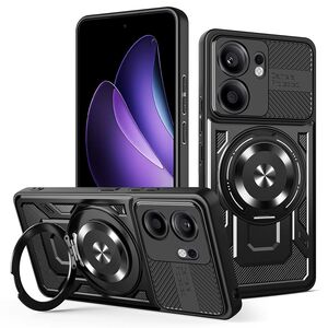 Husa pentru  Oppo Reno 13F, 13FS 4G, 5G TitanX HaloStand Pro cu Inel Pivotant Magnetic 360° & Kickstand, Textura Carbon, protectie lentile - Negru