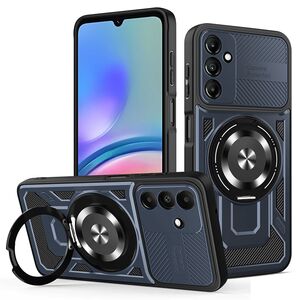 Husa pentru  Samsung Galaxy A05s TitanX HaloStand Pro cu Inel Pivotant Magnetic 360° & Kickstand, Textura Carbon, protectie lentile - Albastru