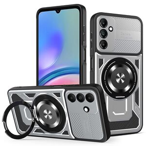 Husa pentru  Samsung Galaxy A05s TitanX HaloStand Pro cu Inel Pivotant Magnetic 360° & Kickstand, Textura Carbon, protectie lentile - Gri