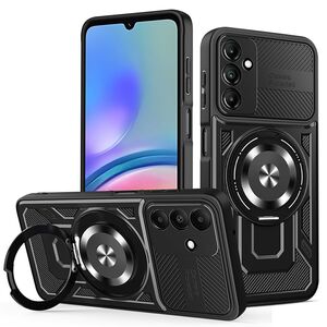 Husa pentru  Samsung Galaxy A05s TitanX HaloStand Pro cu Inel Pivotant Magnetic 360° & Kickstand, Textura Carbon, protectie lentile - Negru