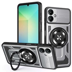 Husa pentru  Samsung Galaxy A06 TitanX HaloStand Pro cu Inel Pivotant Magnetic 360° & Kickstand, Textura Carbon, protectie lentile - Gri