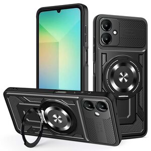 Husa pentru  Samsung Galaxy A06 TitanX HaloStand Pro cu Inel Pivotant Magnetic 360° & Kickstand, Textura Carbon, protectie lentile - Negru