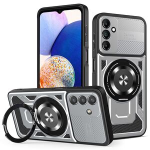 Husa pentru  Samsung Galaxy A14 4G, 5G TitanX HaloStand Pro cu Inel Pivotant Magnetic 360° & Kickstand, Textura Carbon, protectie lentile - Gri