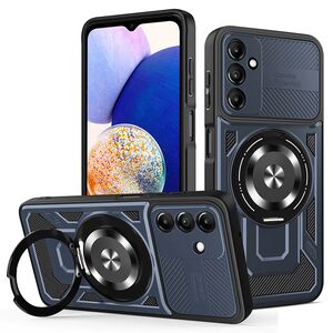 Husa pentru  Samsung Galaxy A14 4G, 5G TitanX HaloStand Pro cu Inel Pivotant Magnetic 360° & Kickstand, Textura Carbon, protectie lentile - Albastru