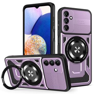 Husa pentru  Samsung Galaxy A14 4G, 5G TitanX HaloStand Pro cu Inel Pivotant Magnetic 360° & Kickstand, Textura Carbon, protectie lentile - Mov