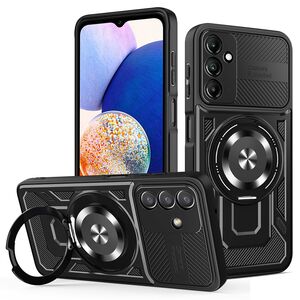 Husa pentru  Samsung Galaxy A14 4G, 5G TitanX HaloStand Pro cu Inel Pivotant Magnetic 360° & Kickstand, Textura Carbon, protectie lentile - Negru