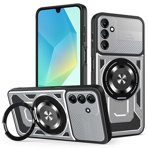 Husa pentru  Samsung Galaxy A16 TitanX HaloStand Pro cu Inel Pivotant Magnetic 360° & Kickstand, Textura Carbon, protectie lentile - Gri