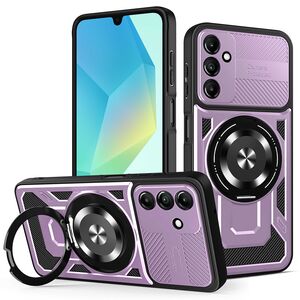 Husa pentru  Samsung Galaxy A16 TitanX HaloStand Pro cu Inel Pivotant Magnetic 360° & Kickstand, Textura Carbon, protectie lentile - Mov