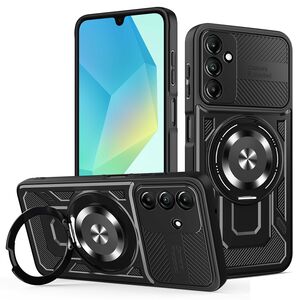 Husa pentru  Samsung Galaxy A16 TitanX HaloStand Pro cu Inel Pivotant Magnetic 360° & Kickstand, Textura Carbon, protectie lentile - Negru