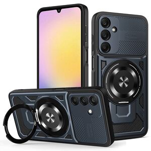 Husa pentru  Samsung Galaxy A25 TitanX HaloStand Pro cu Inel Pivotant Magnetic 360° & Kickstand, Textura Carbon, protectie lentile - Albastru