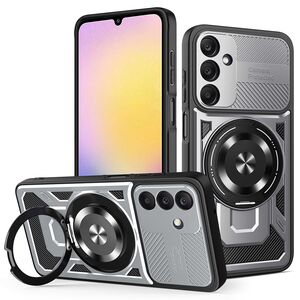 Husa pentru  Samsung Galaxy A25 TitanX HaloStand Pro cu Inel Pivotant Magnetic 360° & Kickstand, Textura Carbon, protectie lentile - Gri