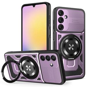 Husa pentru  Samsung Galaxy A25 TitanX HaloStand Pro cu Inel Pivotant Magnetic 360° & Kickstand, Textura Carbon, protectie lentile - Mov