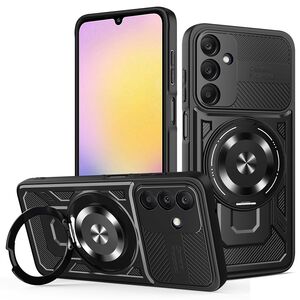 Husa pentru  Samsung Galaxy A25 TitanX HaloStand Pro cu Inel Pivotant Magnetic 360° & Kickstand, Textura Carbon, protectie lentile - Negru