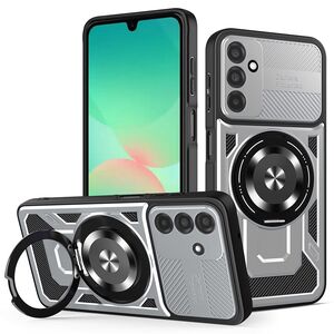 Husa pentru  Samsung Galaxy A26 TitanX HaloStand Pro cu Inel Pivotant Magnetic 360° & Kickstand, Textura Carbon, protectie lentile - Gri
