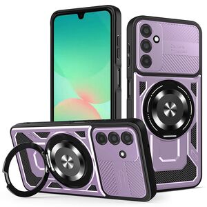 Husa pentru  Samsung Galaxy A26 TitanX HaloStand Pro cu Inel Pivotant Magnetic 360° & Kickstand, Textura Carbon, protectie lentile - Mov
