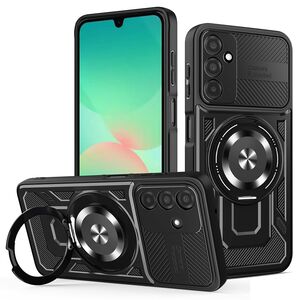 Husa pentru  Samsung Galaxy A26 TitanX HaloStand Pro cu Inel Pivotant Magnetic 360° & Kickstand, Textura Carbon, protectie lentile - Negru