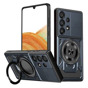 Husa pentru  Samsung Galaxy A33 5G TitanX HaloStand Pro cu Inel Pivotant Magnetic 360° & Kickstand, Textura Carbon, protectie lentile - Albastru