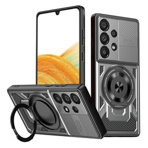 Husa pentru  Samsung Galaxy A33 5G TitanX HaloStand Pro cu Inel Pivotant Magnetic 360° & Kickstand, Textura Carbon, protectie lentile - Gri