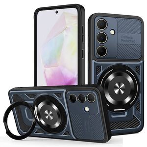 Husa pentru  Samsung Galaxy A35 TitanX HaloStand Pro cu Inel Pivotant Magnetic 360° & Kickstand, Textura Carbon, protectie lentile - Albastru