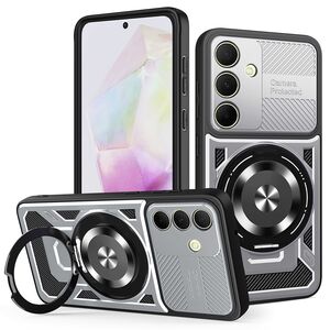 Husa pentru  Samsung Galaxy A35 TitanX HaloStand Pro cu Inel Pivotant Magnetic 360° & Kickstand, Textura Carbon, protectie lentile - Gri