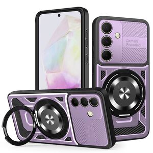 Husa pentru  Samsung Galaxy A35 TitanX HaloStand Pro cu Inel Pivotant Magnetic 360° & Kickstand, Textura Carbon, protectie lentile - Mov