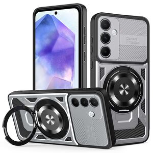 Husa pentru  Samsung Galaxy A55 TitanX HaloStand Pro cu Inel Pivotant Magnetic 360° & Kickstand, Textura Carbon, protectie lentile - Gri