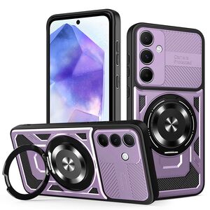 Husa pentru  Samsung Galaxy A55 TitanX HaloStand Pro cu Inel Pivotant Magnetic 360° & Kickstand, Textura Carbon, protectie lentile - Mov