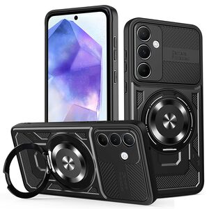 Husa pentru  Samsung Galaxy A55 TitanX HaloStand Pro cu Inel Pivotant Magnetic 360° & Kickstand, Textura Carbon, protectie lentile - Negru