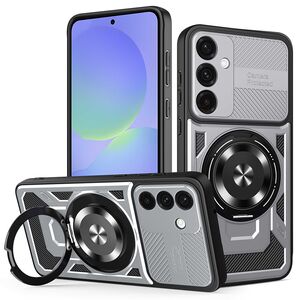 Husa pentru  Samsung Galaxy A56 / A36 TitanX HaloStand Pro cu Inel Pivotant Magnetic 360° & Kickstand, Textura Carbon, protectie lentile - Gri