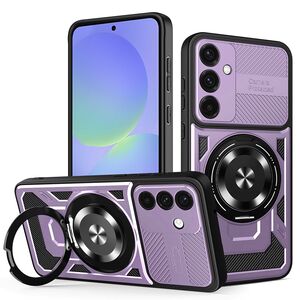 Husa pentru  Samsung Galaxy A56 / A36 TitanX HaloStand Pro cu Inel Pivotant Magnetic 360° & Kickstand, Textura Carbon, protectie lentile - Mov
