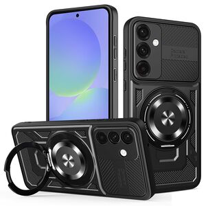 Husa pentru  Samsung Galaxy A56 / A36 TitanX HaloStand Pro cu Inel Pivotant Magnetic 360° & Kickstand, Textura Carbon, protectie lentile - Negru