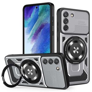 Husa pentru  Samsung Galaxy S21 FE TitanX HaloStand Pro cu Inel Pivotant Magnetic 360° & Kickstand, Textura Carbon, protectie lentile - Gri