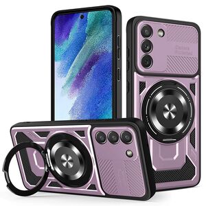 Husa pentru  Samsung Galaxy S21 FE TitanX HaloStand Pro cu Inel Pivotant Magnetic 360° & Kickstand, Textura Carbon, protectie lentile - Mov