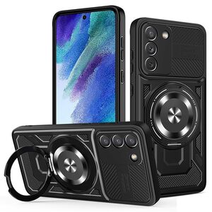 Husa pentru  Samsung Galaxy S21 FE TitanX HaloStand Pro cu Inel Pivotant Magnetic 360° & Kickstand, Textura Carbon, protectie lentile - Negru