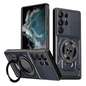 Husa pentru  Samsung Galaxy S22 Ultra 5G TitanX HaloStand Pro cu Inel Pivotant Magnetic 360° & Kickstand, Textura Carbon, protectie lentile - Albastru