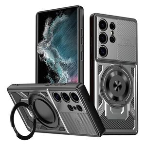 Husa pentru  Samsung Galaxy S22 Ultra 5G TitanX HaloStand Pro cu Inel Pivotant Magnetic 360° & Kickstand, Textura Carbon, protectie lentile - Gri