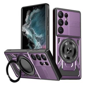 Husa pentru  Samsung Galaxy S22 Ultra 5G TitanX HaloStand Pro cu Inel Pivotant Magnetic 360° & Kickstand, Textura Carbon, protectie lentile - Mov
