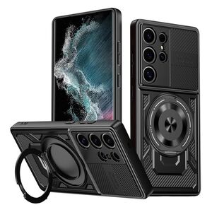 Husa pentru  Samsung Galaxy S22 Ultra 5G TitanX HaloStand Pro cu Inel Pivotant Magnetic 360° & Kickstand, Textura Carbon, protectie lentile - Negru