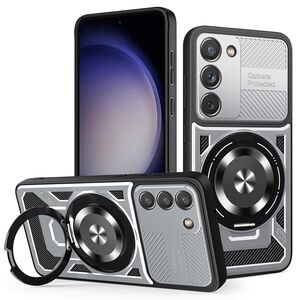 Husa pentru  Samsung Galaxy S23 TitanX HaloStand Pro cu Inel Pivotant Magnetic 360° & Kickstand, Textura Carbon, protectie lentile - Gri