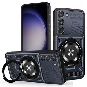 Husa pentru  Samsung Galaxy S23 TitanX HaloStand Pro cu Inel Pivotant Magnetic 360° & Kickstand, Textura Carbon, protectie lentile - Albastru