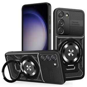 Husa pentru  Samsung Galaxy S23 TitanX HaloStand Pro cu Inel Pivotant Magnetic 360° & Kickstand, Textura Carbon, protectie lentile - Negru