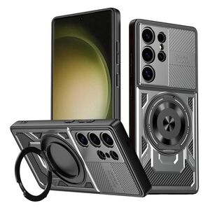 Husa pentru  Samsung Galaxy S23 Ultra 5G TitanX HaloStand Pro cu Inel Pivotant Magnetic 360° & Kickstand, Textura Carbon, protectie lentile - Gri