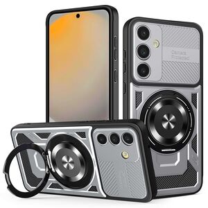 Husa pentru  Samsung Galaxy S24 FE TitanX HaloStand Pro cu Inel Pivotant Magnetic 360° & Kickstand, Textura Carbon, protectie lentile - Gri