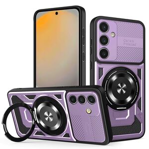 Husa pentru  Samsung Galaxy S24 FE TitanX HaloStand Pro cu Inel Pivotant Magnetic 360° & Kickstand, Textura Carbon, protectie lentile - Mov