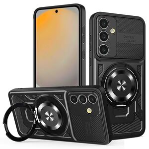 Husa pentru  Samsung Galaxy S24 FE TitanX HaloStand Pro cu Inel Pivotant Magnetic 360° & Kickstand, Textura Carbon, protectie lentile - Negru