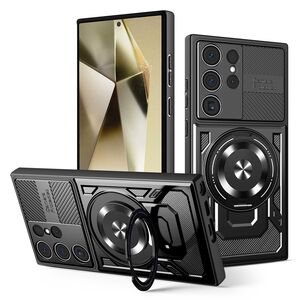 Husa pentru  Samsung Galaxy S24 Ultra TitanX HaloStand Pro cu Inel Pivotant Magnetic 360° & Kickstand, Textura Carbon, protectie lentile - Negru