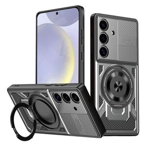 Husa pentru  Samsung Galaxy S25 TitanX HaloStand Pro cu Inel Pivotant Magnetic 360° & Kickstand, Textura Carbon, protectie lentile - Gri