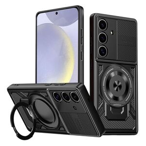 Husa pentru  Samsung Galaxy S25 TitanX HaloStand Pro cu Inel Pivotant Magnetic 360° & Kickstand, Textura Carbon, protectie lentile - Negru